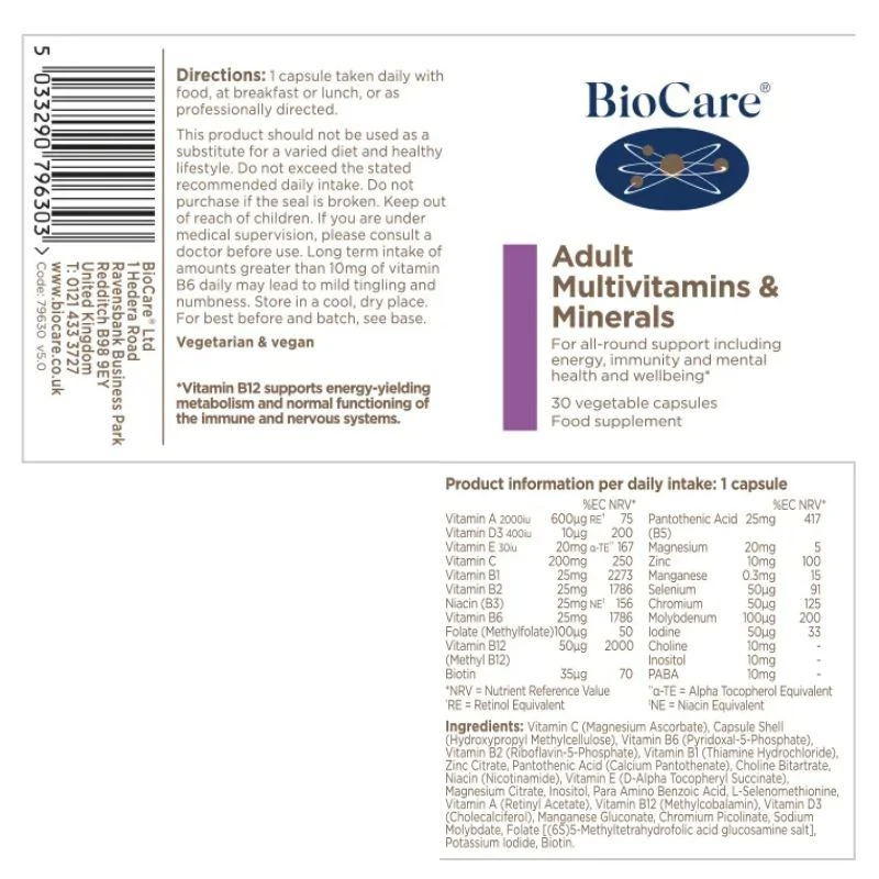 BioCare Adult Multivitamins And Minerals Vegicaps 30 4 BioCare Adult Multivitamins And Minerals Vegicaps 30 - Image 2