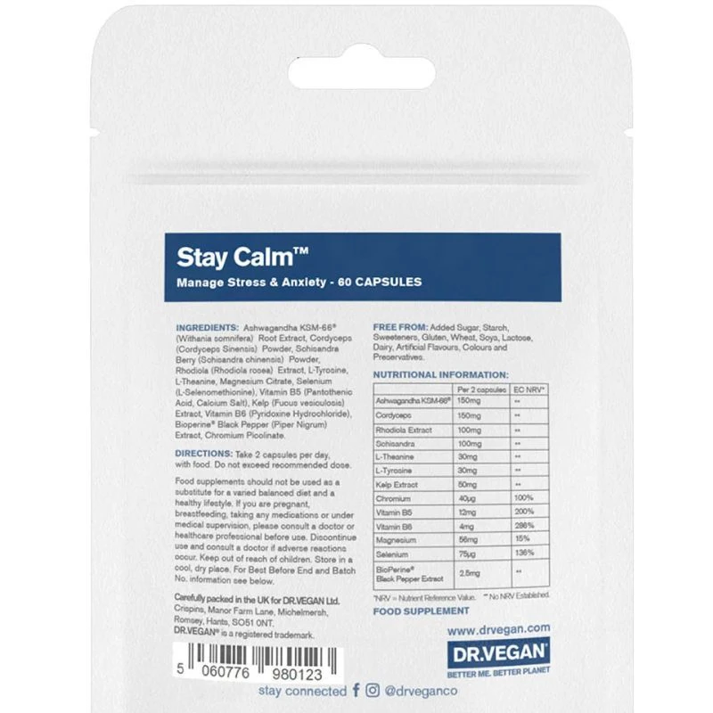 Dr Vegan Stay Calm Manage Stress & Anxiety Capsules 60 4 Dr Vegan Stay Calm Manage Stress & Anxiety Capsules 60 - Image 2