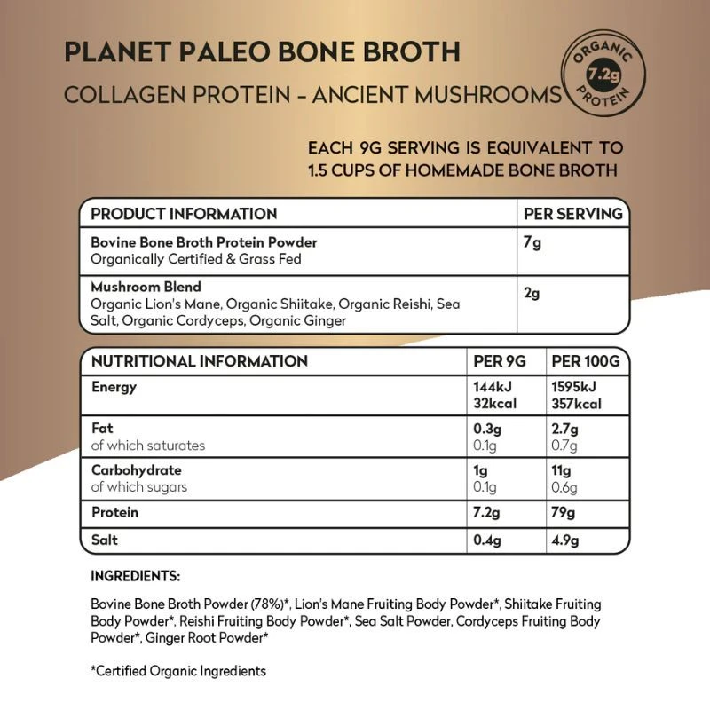 Planet Paleo Organic Bone Broth Collagen Protein Ancient Mushrooms 225g 5 Planet Paleo Organic Bone Broth Collagen Protein Ancient Mushrooms 225g - Image 3