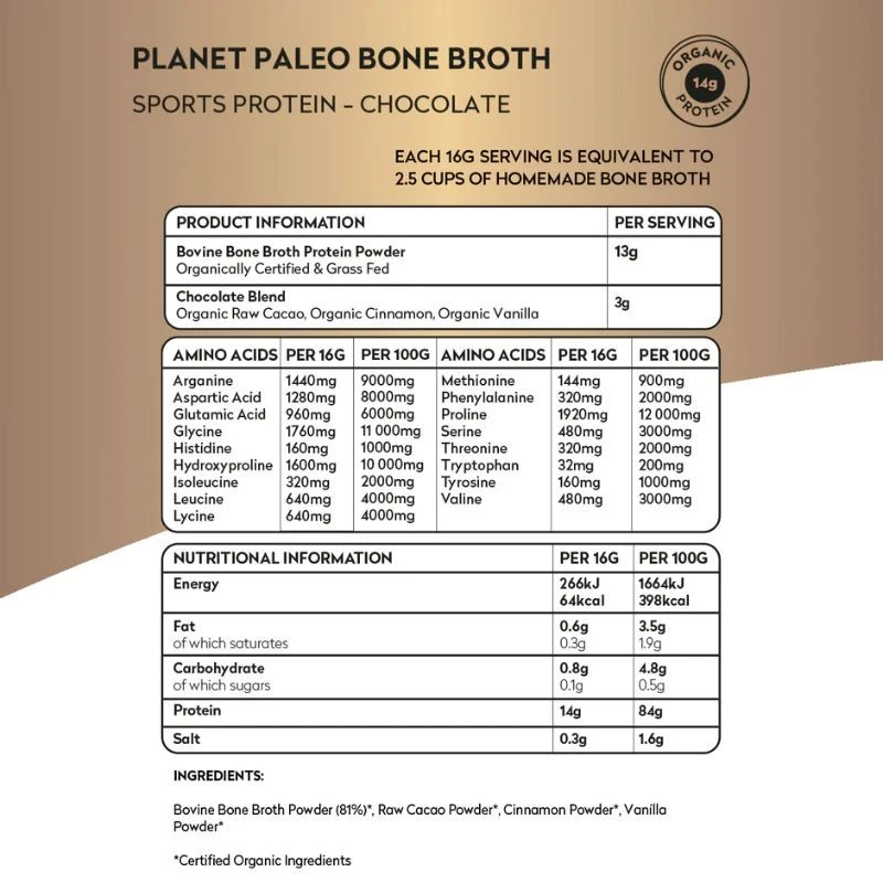 Planet Paleo Organic Bone Broth Sports Protein Chocolate 480g 5 Planet Paleo Organic Bone Broth Sports Protein Chocolate 480g - Image 3